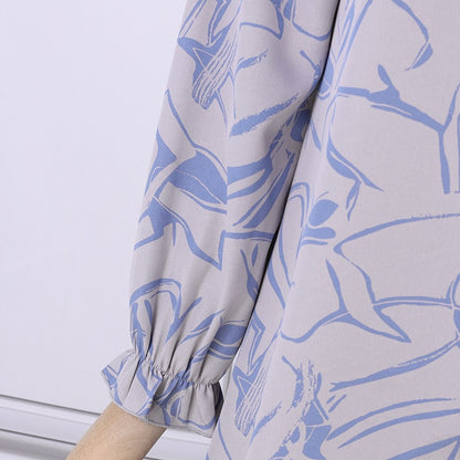 Women's Long-sleeved Geometric Print Ruffle Dress