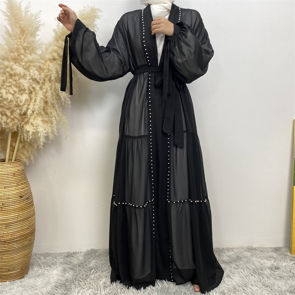 Solid Beaded Strappy Chiffon Cardigan Robe