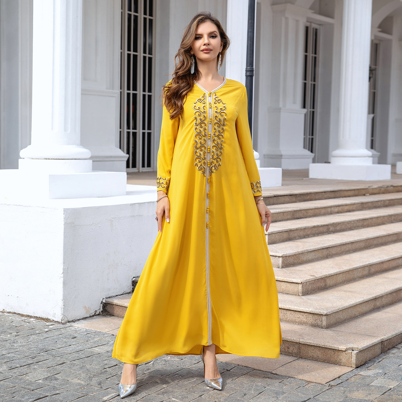 Women's Beaded Yellow Party Evening Dress