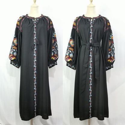 Women's Embroidered Tassel Cotton and Linen Dress