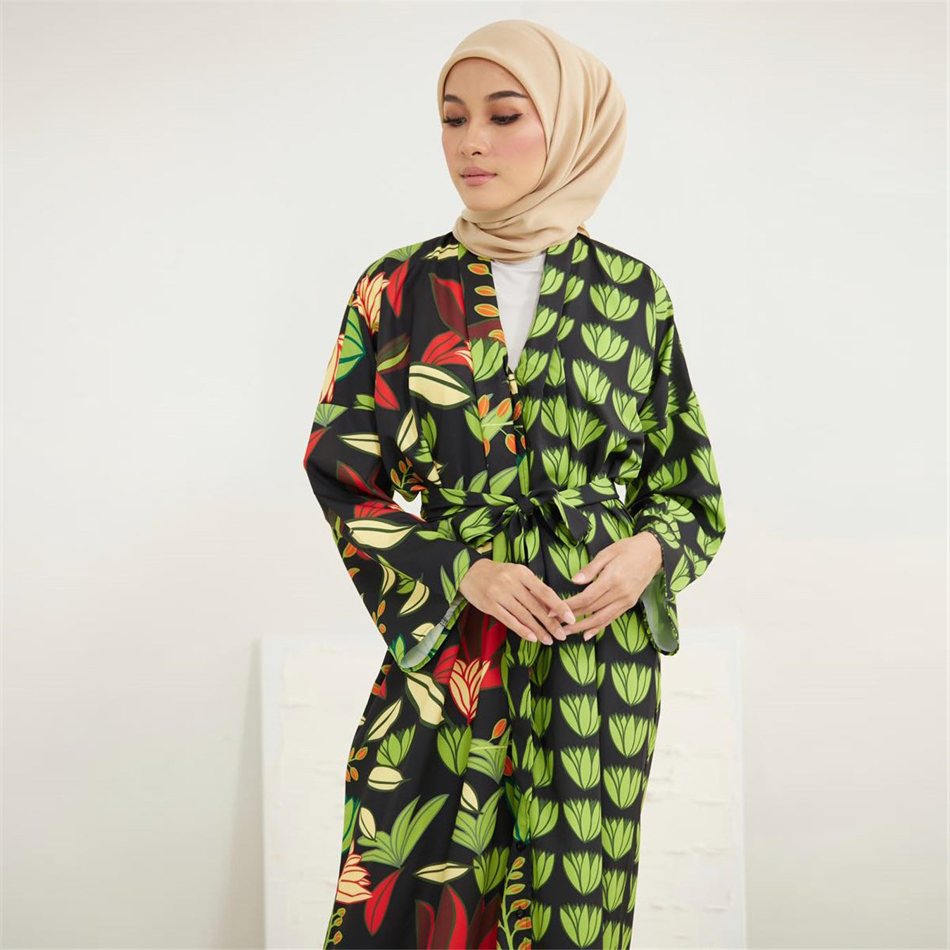 V-Neck Printed Cardigan Open Abaya Dress