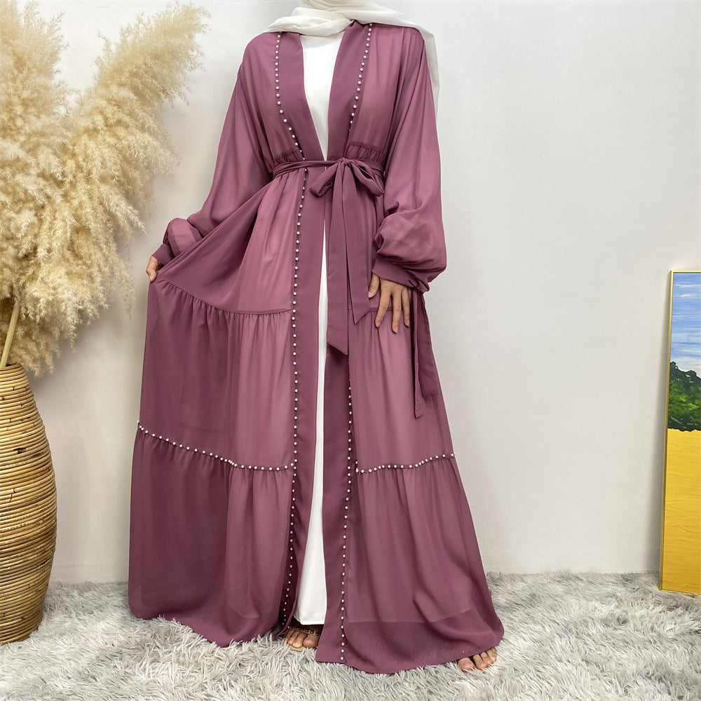 Solid Beaded Strappy Chiffon Cardigan Robe