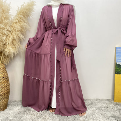 Solid Beaded Strappy Chiffon Cardigan Robe