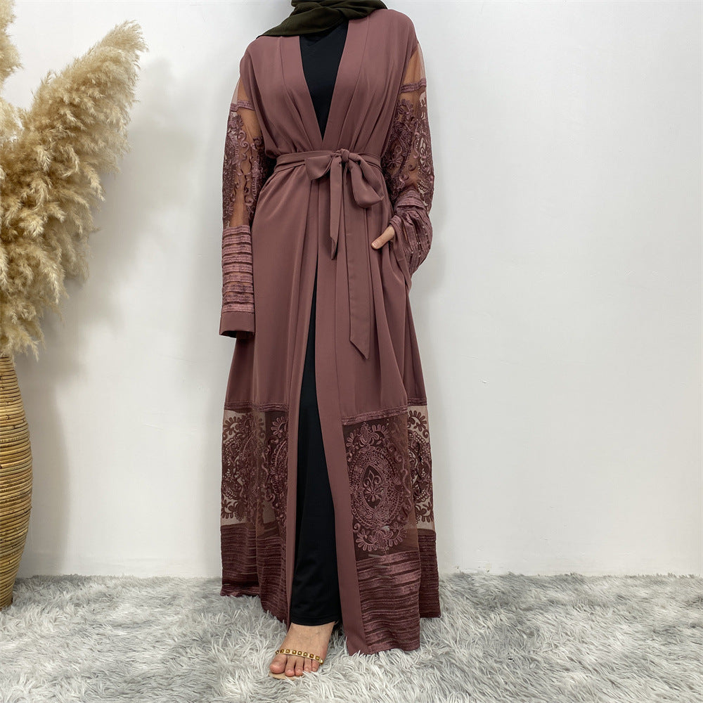 Women's Embroidered Mesh Cardigan Robe Dress