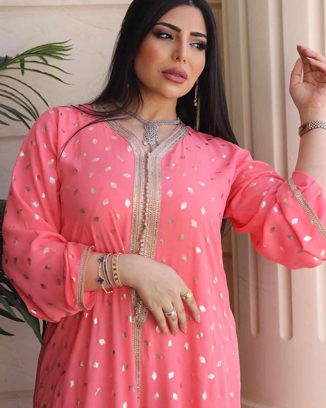 Women's Pink V-neck Jalabiya Dress