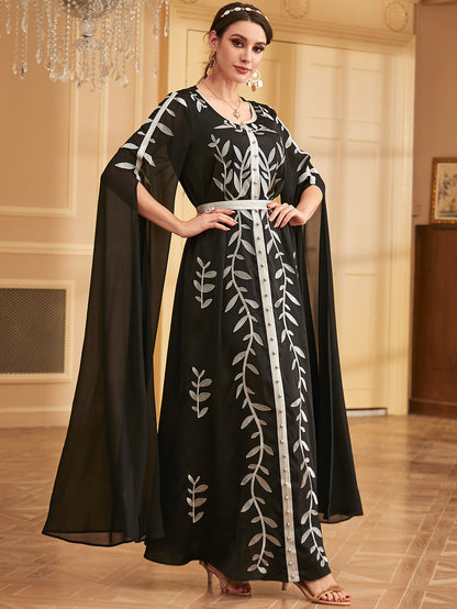 Embroidered Beaded Panel Dress with Large Swing Sleeves