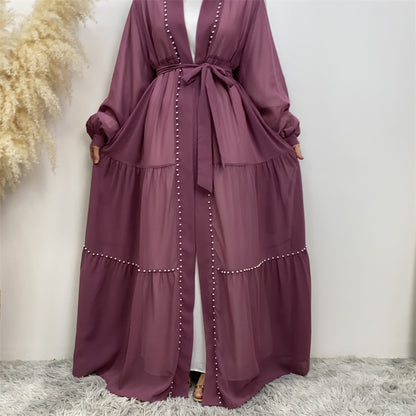 Solid Beaded Strappy Chiffon Cardigan Robe