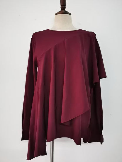 Ruffled Crewneck Solid Color Loose Long-sleeved Shirt