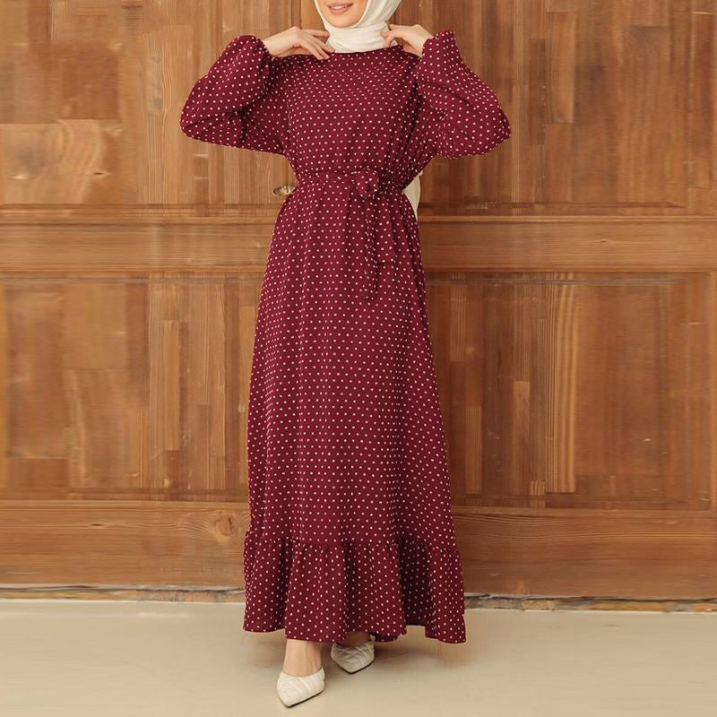 Vintage Polka Dot Print Long-sleeved Ruffle Dress