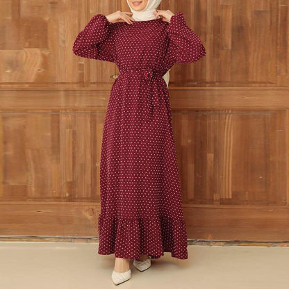 Vintage Polka Dot Print Long-sleeved Ruffle Dress