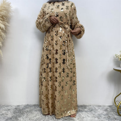 Sequin Fringed Crewneck Full Lining Maxi Dress