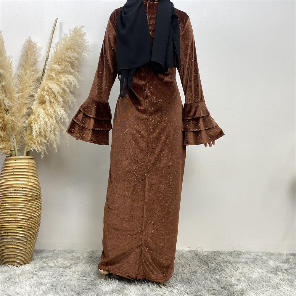 Modest Golden Velvet Flared Sleeve Dress