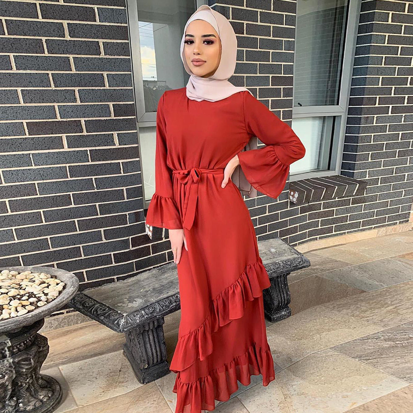 Plain Long Sleeve Ruffle Abaya Dress