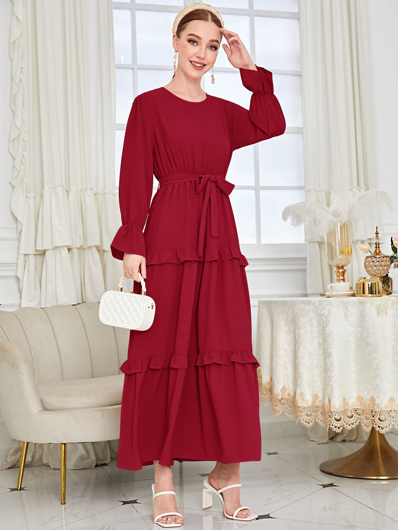 Islamic Plain Ruffled Red Abaya Dress