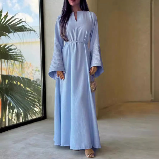 Modest V-neck Embroidery Elegant Abaya Dress