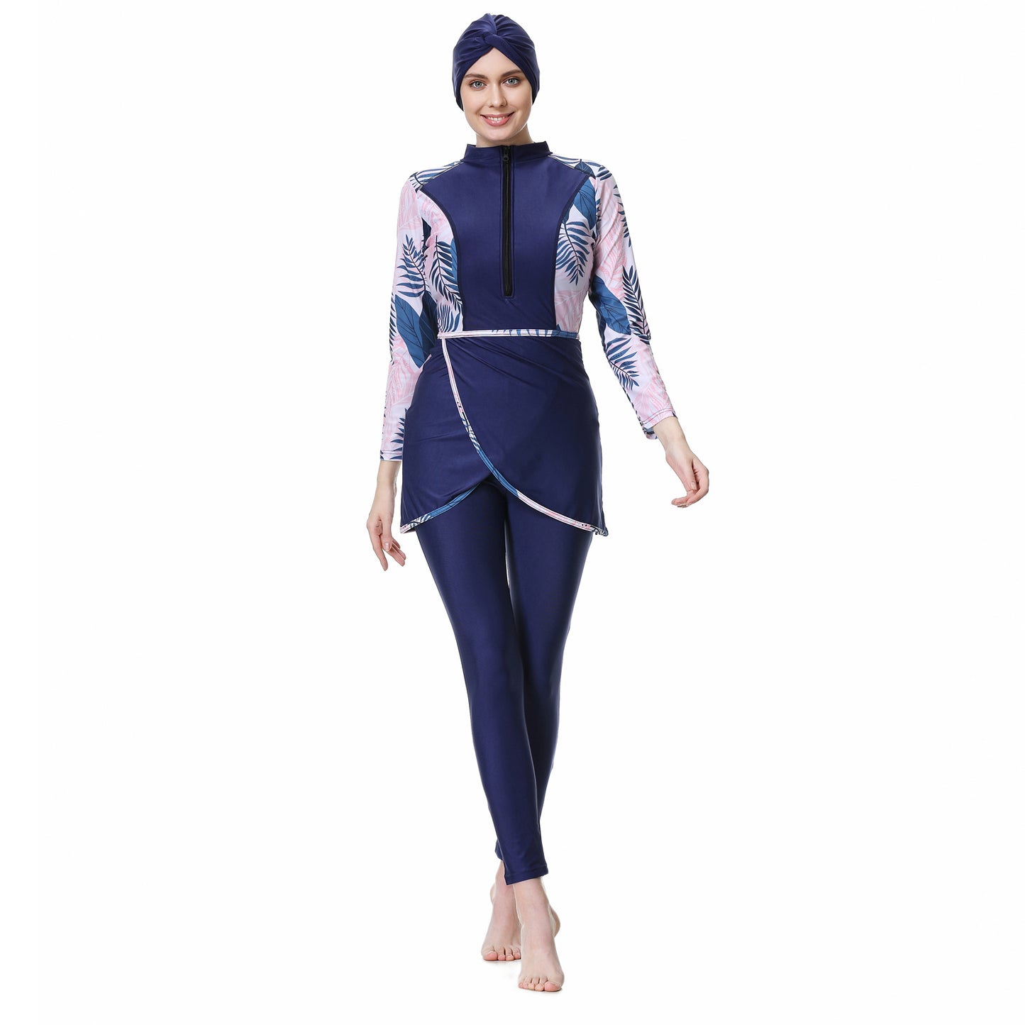 Printed Patchwork Pants + Top + Hat Three-piece Swimsuit Burkini