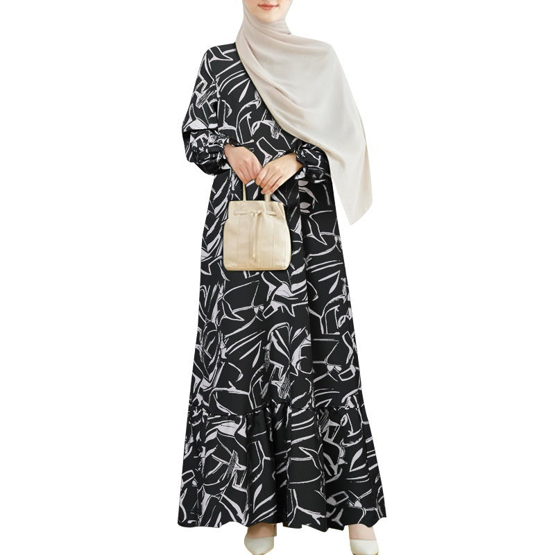 Women's Long-sleeved Geometric Print Ruffle Dress