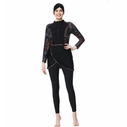 Printed Patchwork Pants + Top + Hat Three-piece Swimsuit Burkini