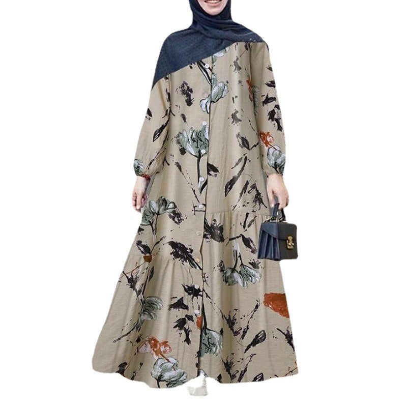 Printed Crewneck Puff Long Sleeve Loose Dress