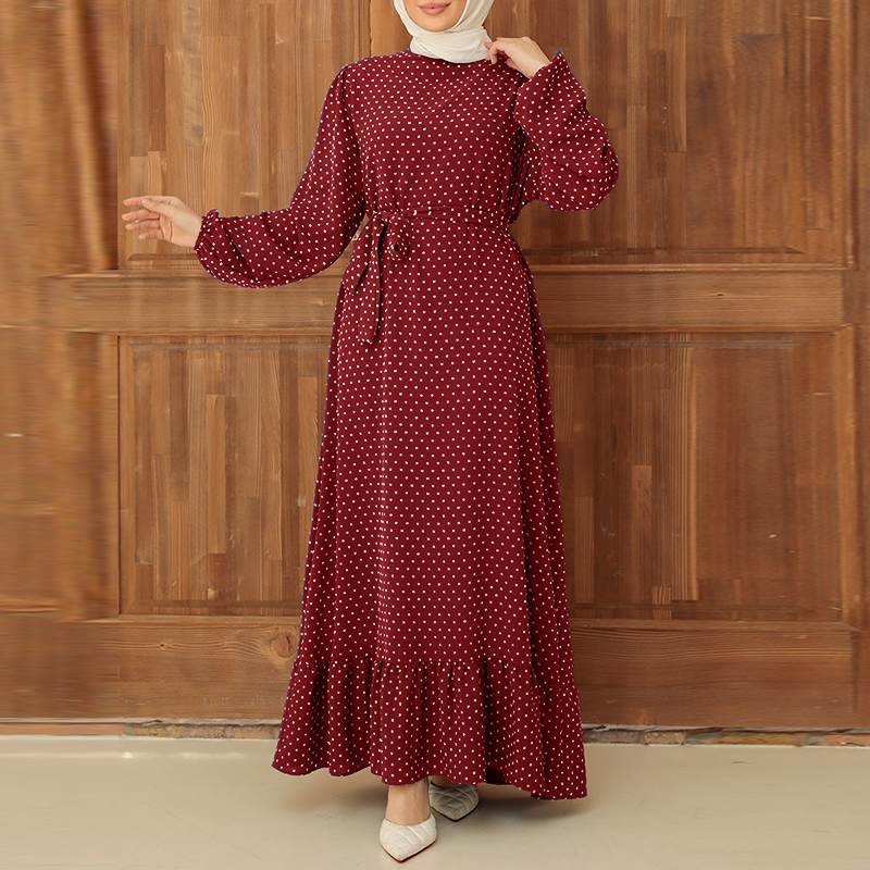 Vintage Polka Dot Print Long-sleeved Ruffle Dress