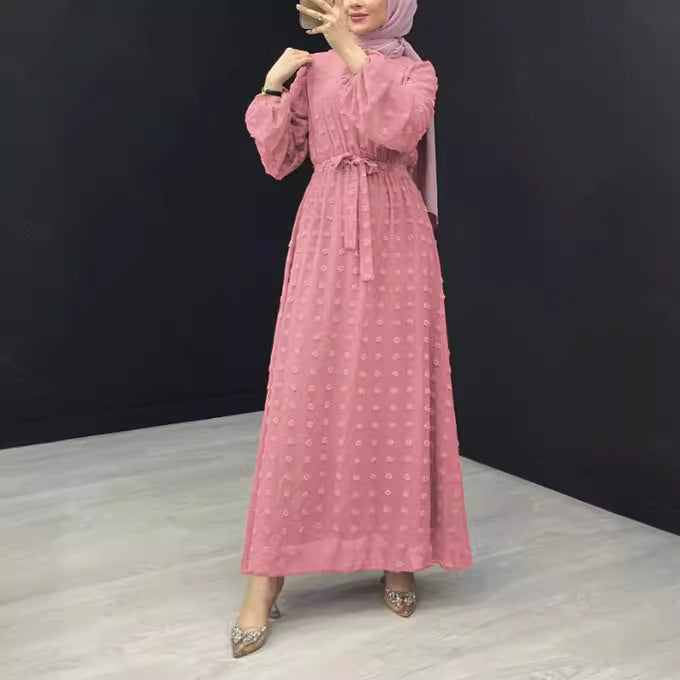 Women's Solid Color Jacquard Abaya Dress with Belt