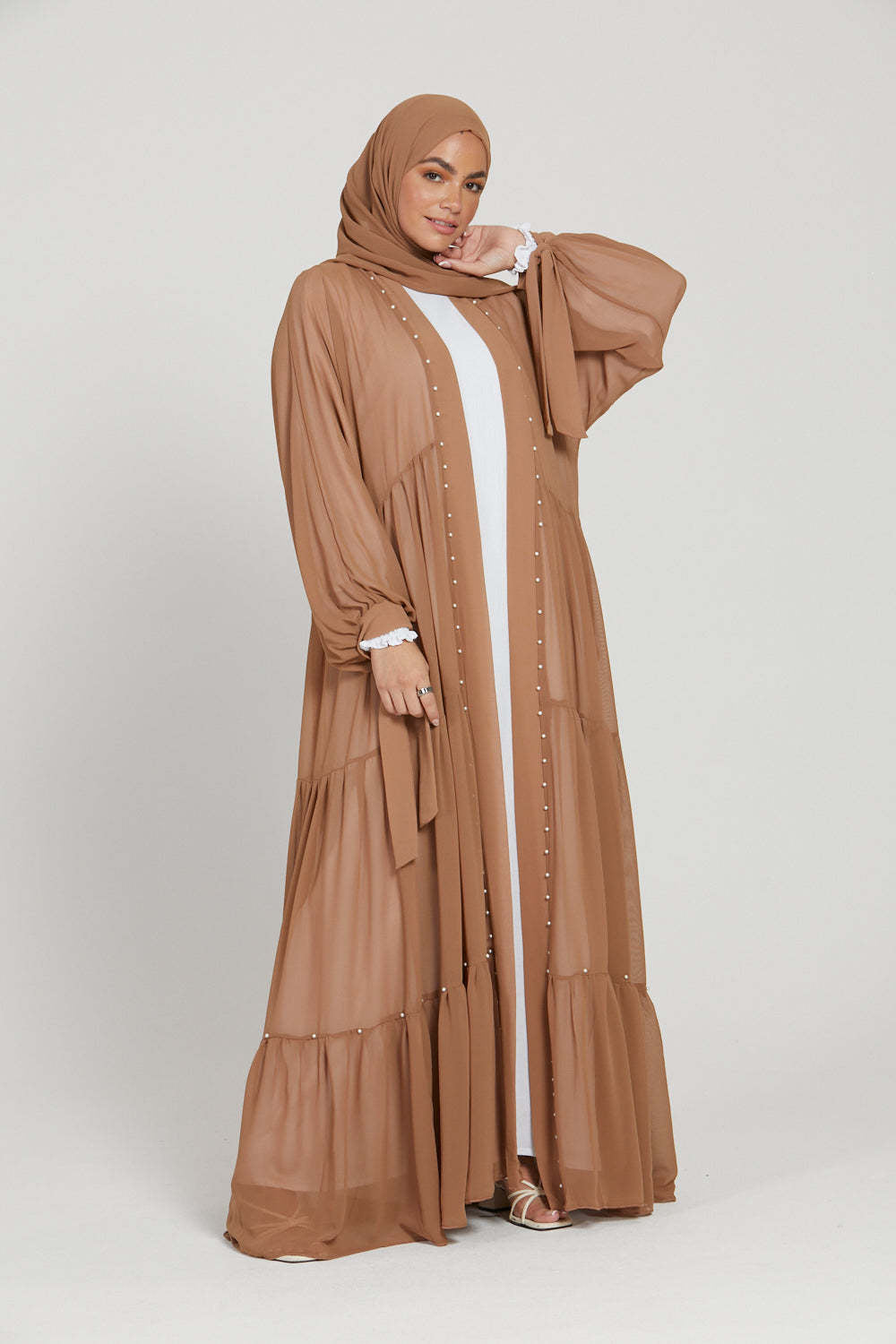 Solid Beaded Strappy Chiffon Cardigan Robe