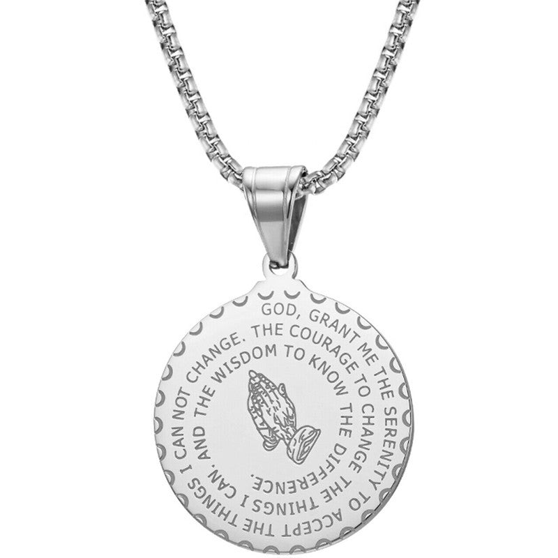 Stainless Steel Pendant Prayer Hand Medallion Necklace