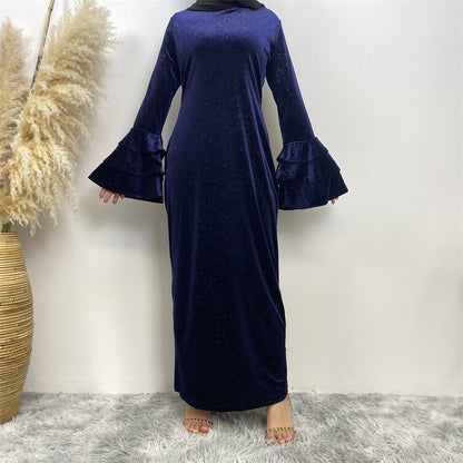 Modest Golden Velvet Flared Sleeve Dress