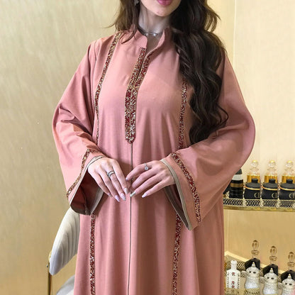 Diamond-encrusted Webbing Loose Hem Jalabiya Dress