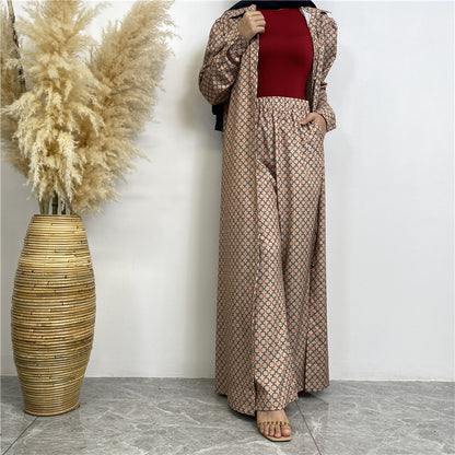 Printed Satin Button-down Robe+ Pocket Pants Two-piece Set