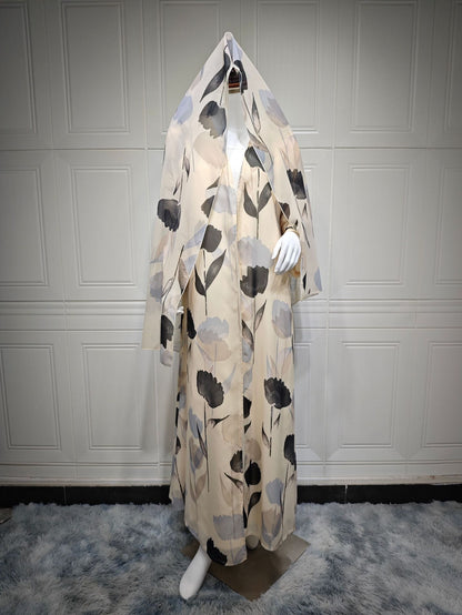 Women's Printed Robe Open Abaya with Hijab