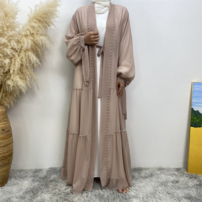 Solid Beaded Strappy Chiffon Cardigan Robe