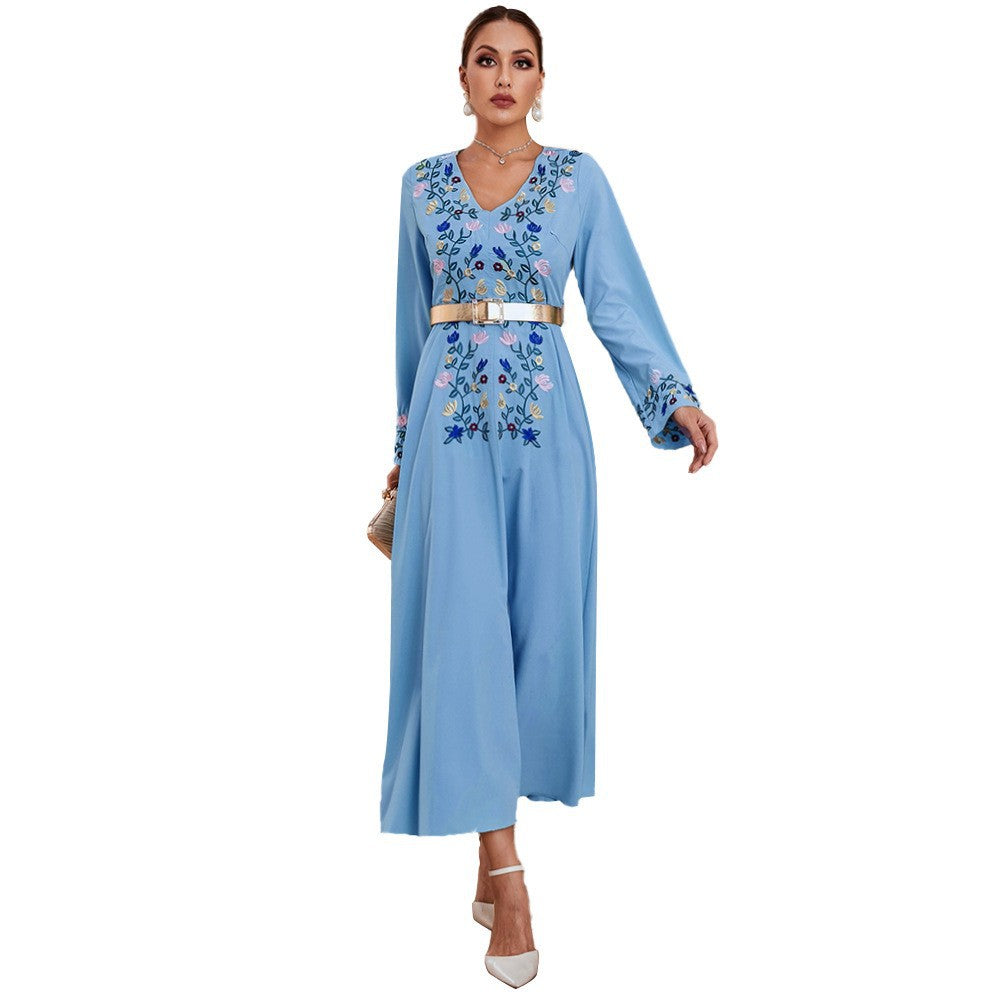 Women's V-neck Embroidered Slim Dress with Belt