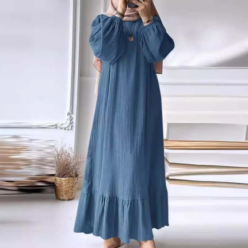 Women's Puff Sleeve Solid Ruffle Dress