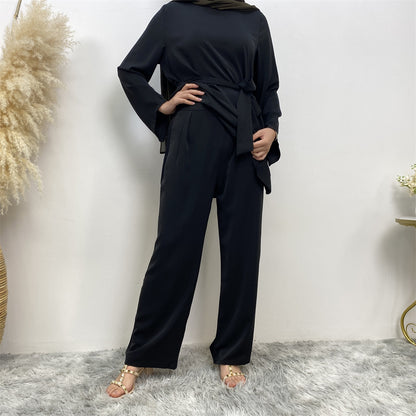 Women's Simple Wide-leg Pants with Lace-up Set