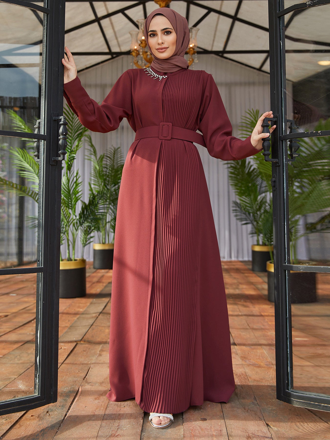 Beaded Pleated Slim Fit Abaya Dress