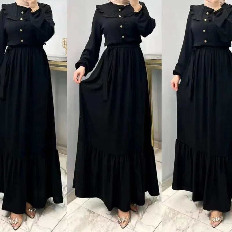 Plain High-neck Ruffled Belt Dress