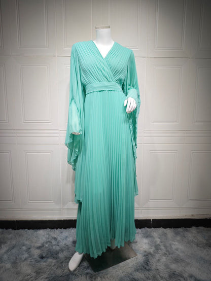 Large-hem Chiffon Pressed Pleated Solid Color Dress