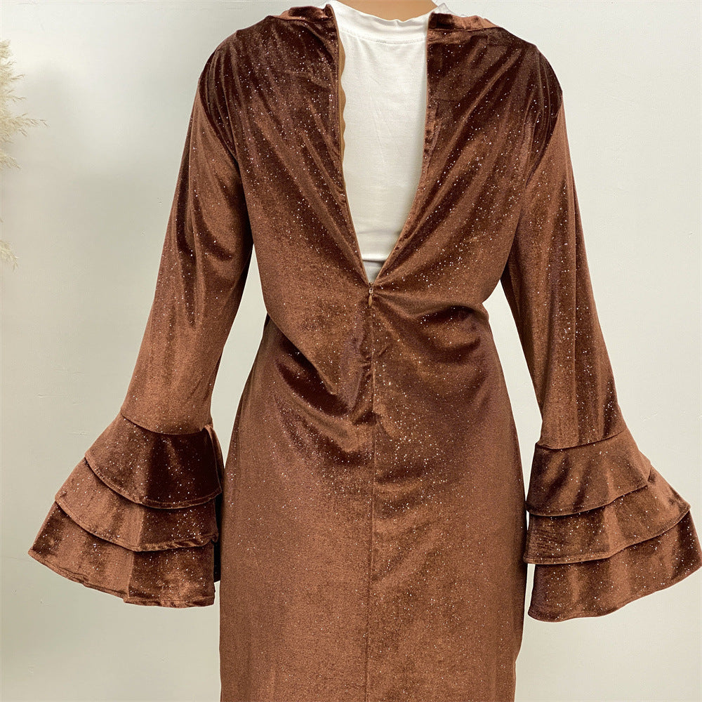 Modest Golden Velvet Flared Sleeve Dress