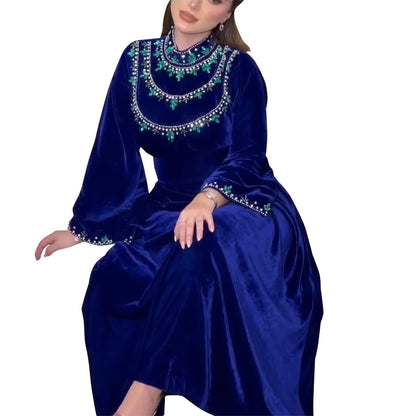 Women's Velvet Zipper Blue Jalabiya Dress