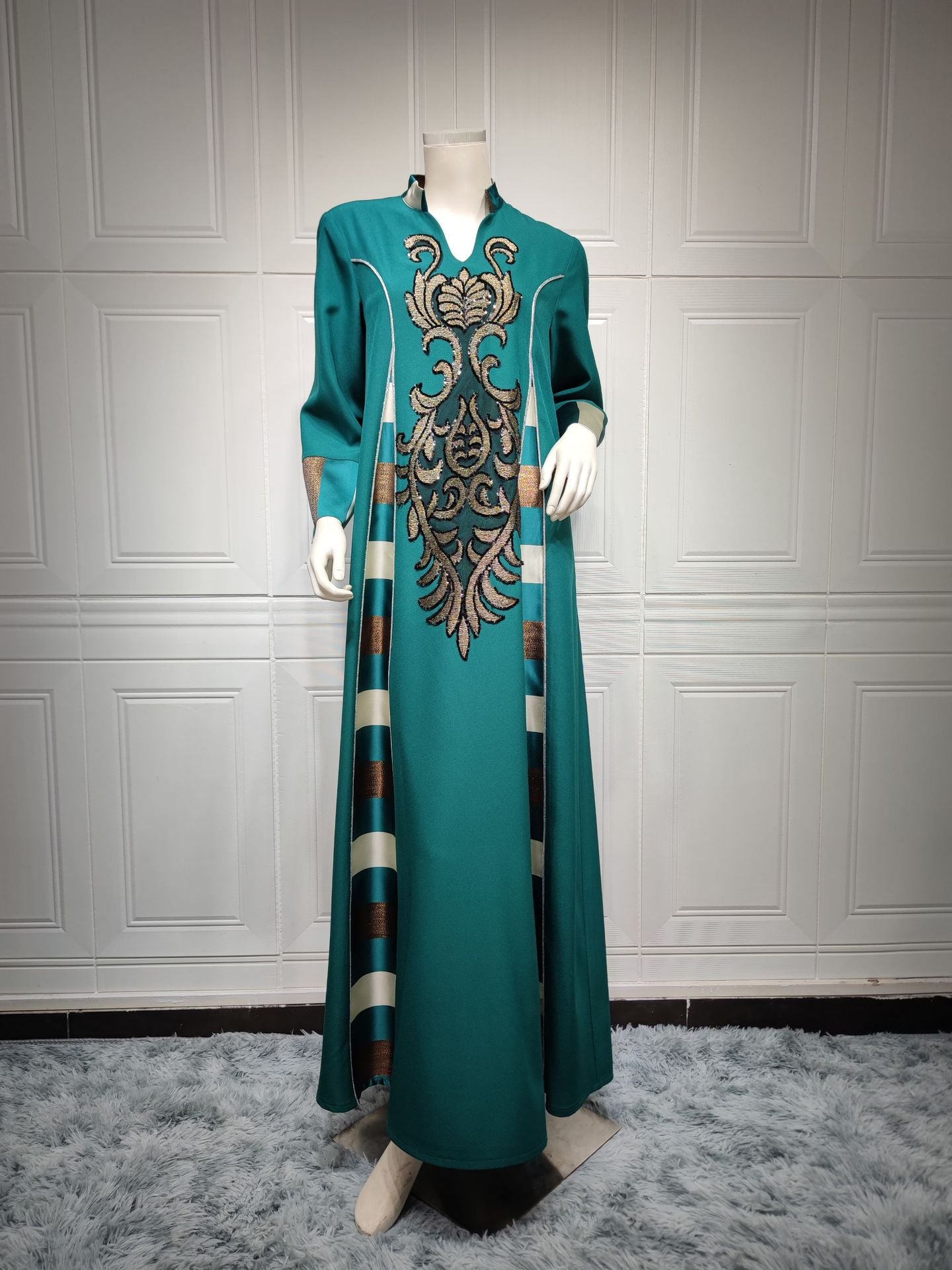 Women's Embroidered Striped Robe Dress