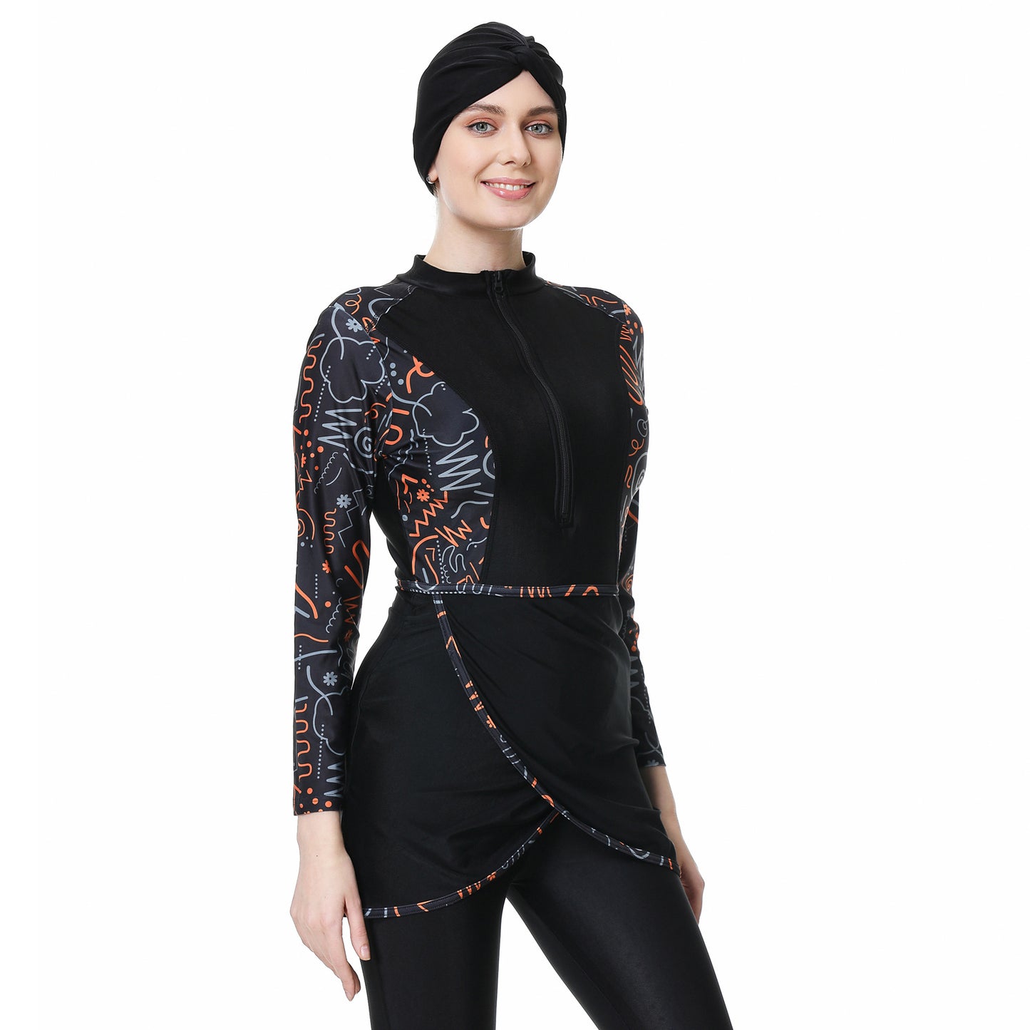 Printed Patchwork Pants + Top + Hat Three-piece Swimsuit Burkini