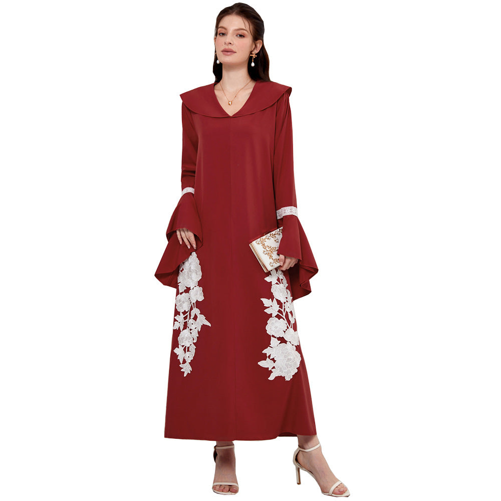 Women's V-neck Flared Sleeves Embroidered Robe Dress