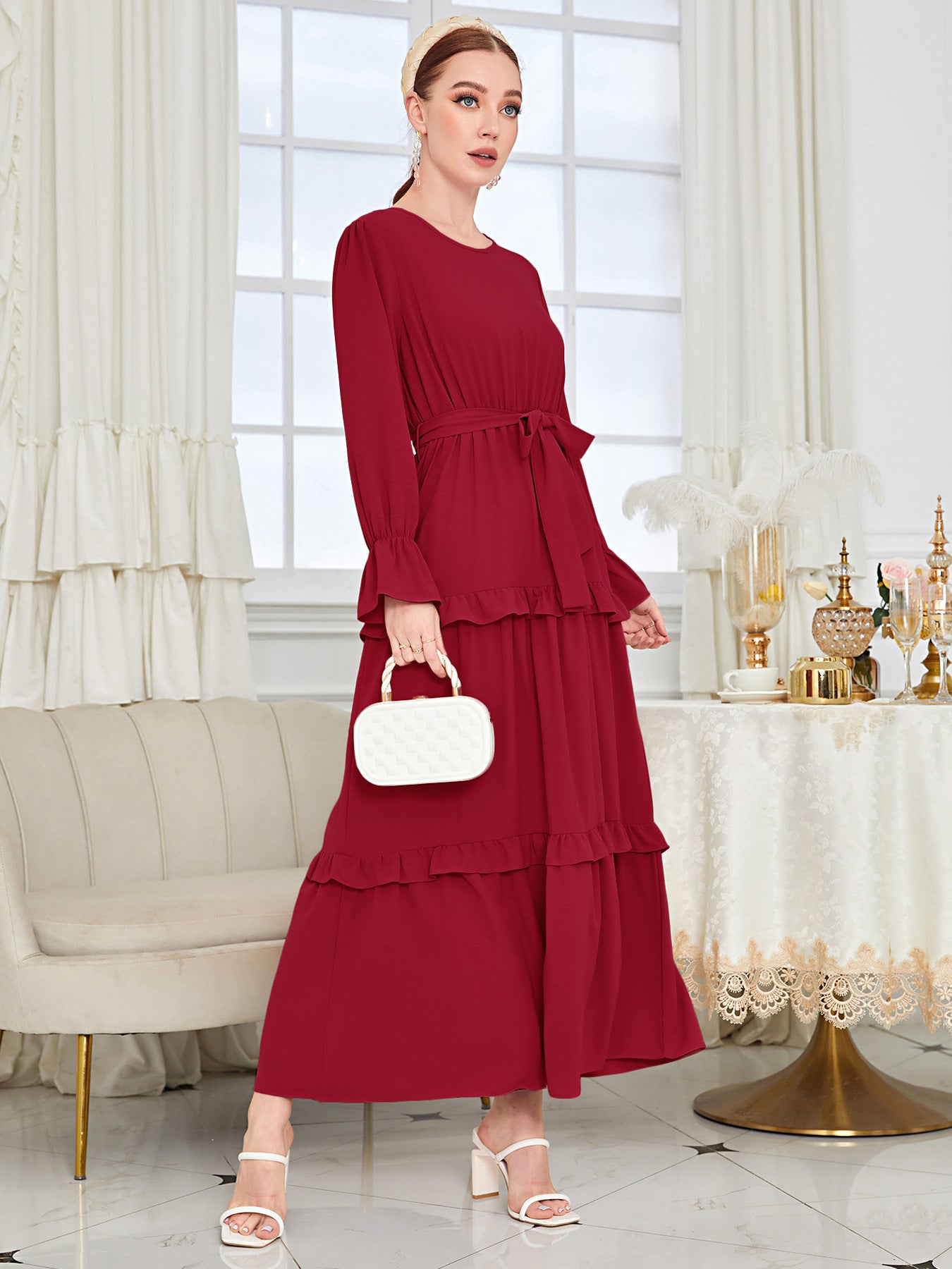 Islamic Plain Ruffled Red Abaya Dress