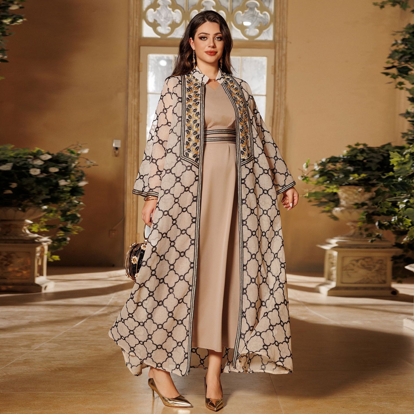 Women's Embroidered Vest Open Abaya Suit