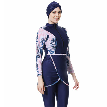 Printed Patchwork Pants + Top + Hat Three-piece Swimsuit Burkini