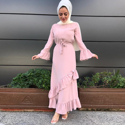 Plain Long Sleeve Ruffle Abaya Dress