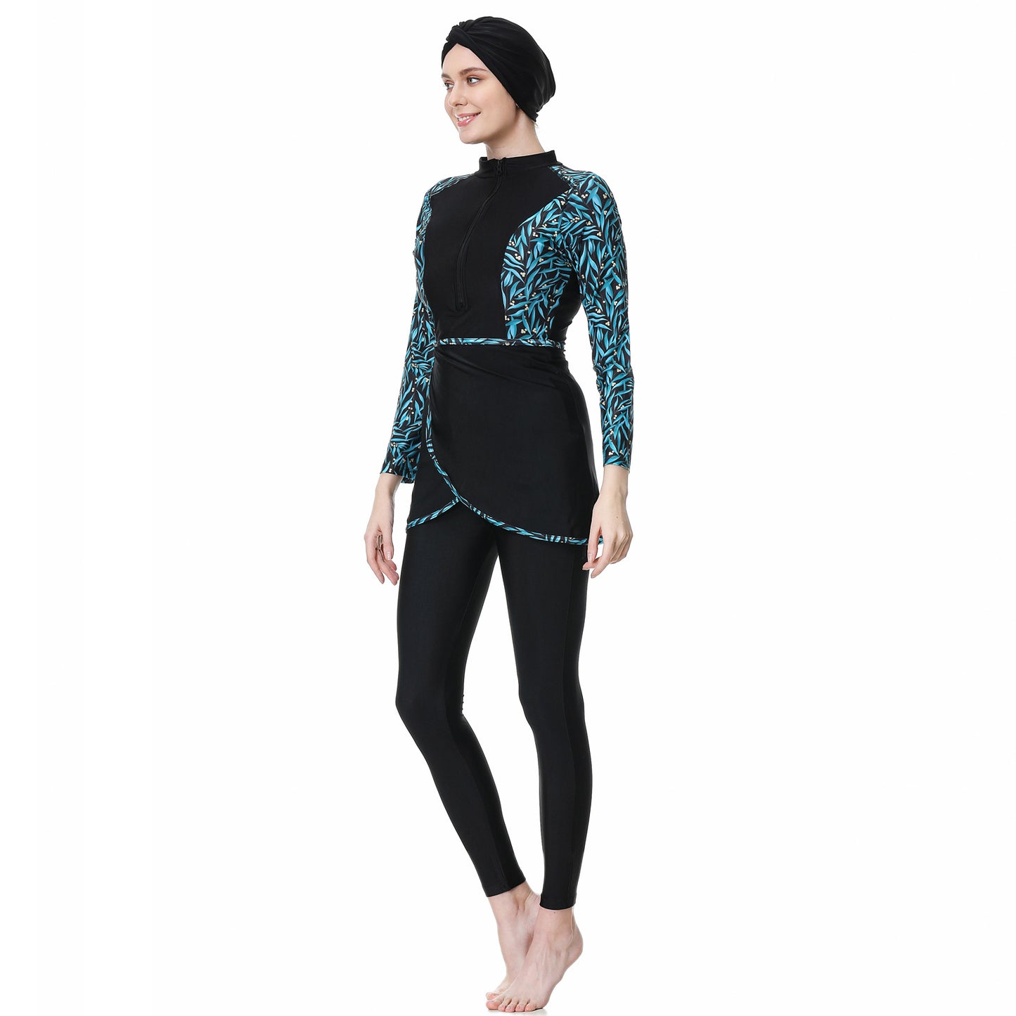 Printed Patchwork Pants + Top + Hat Three-piece Swimsuit Burkini