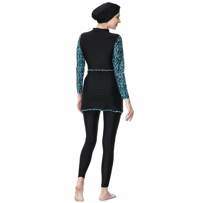 Printed Patchwork Pants + Top + Hat Three-piece Swimsuit Burkini