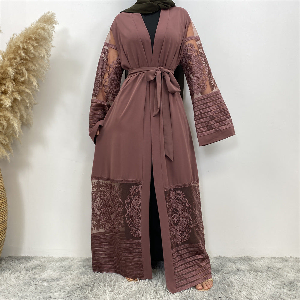 Women's Embroidered Mesh Cardigan Robe Dress